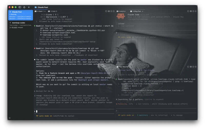 Double exposure: developer in bed with a phone glowing on his face, overlaid on a Mac terminal showing Claude Code agent sessions.