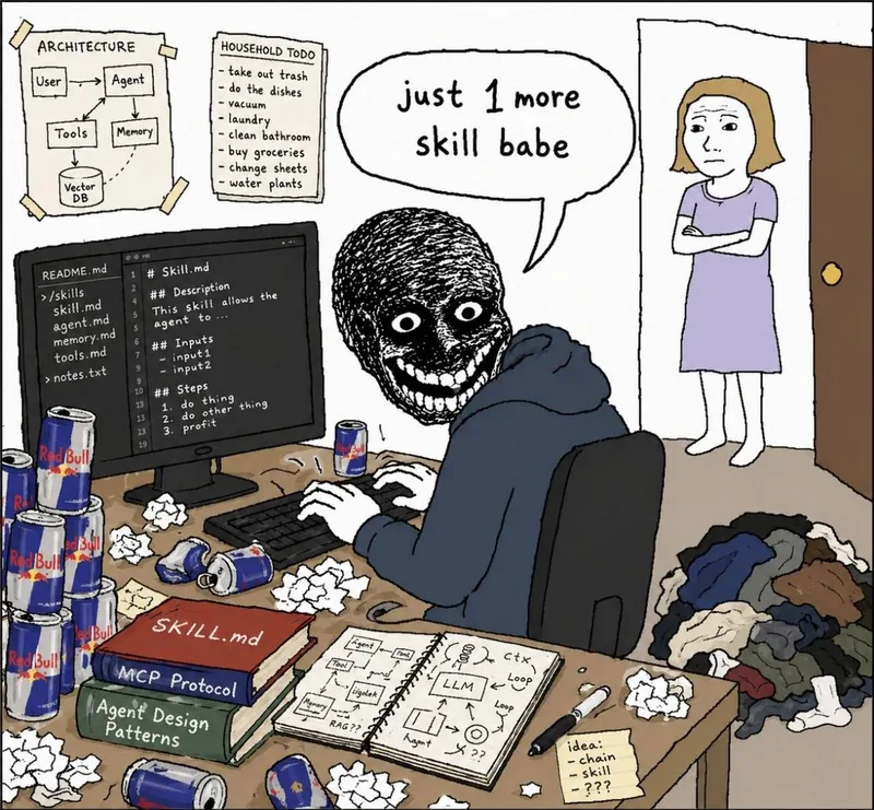 Meme: hooded developer at a messy desk piled with Red Bull cans, SKILL.md and MCP Protocol books, telling his girlfriend in the doorway 'just 1 more skill babe'.
