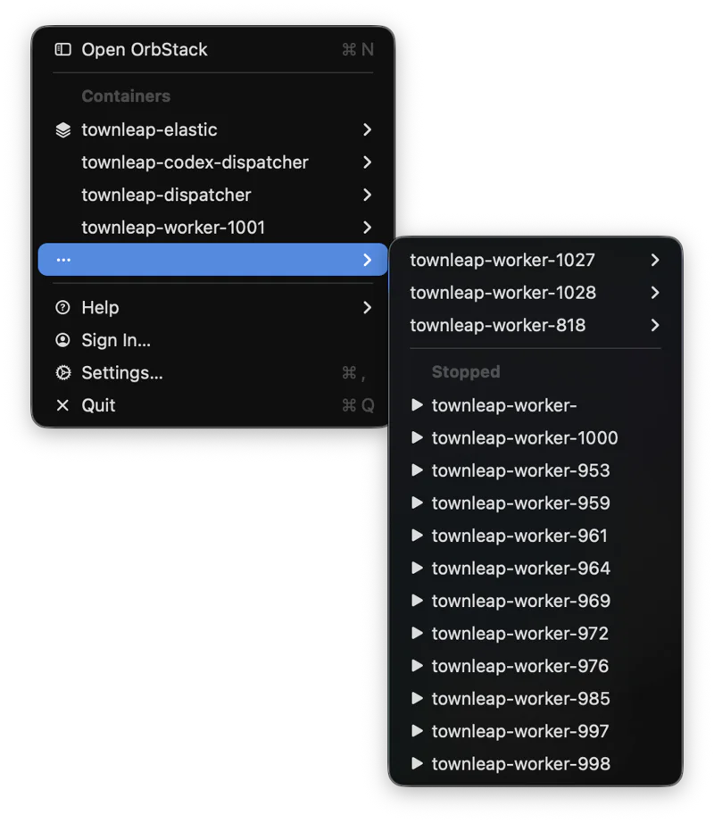 OrbStack: the dispatcher and four claude-code workers, one container per issue.