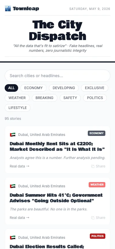 The City Dispatch satirical newspaper layout with fake Dubai headlines.