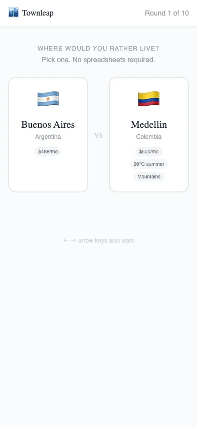 Buenos Aires vs Medellín head-to-head pick-one card.